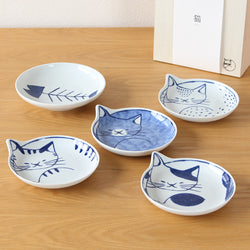 Hasami ware cat 14cm plate set of 5 with wooden box