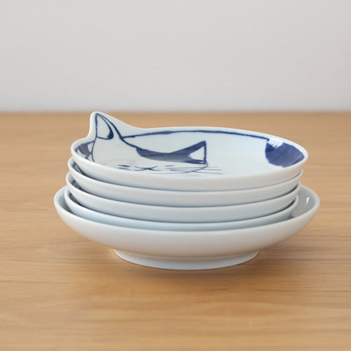 Hasami ware cat 14cm plate set of 5 with wooden box