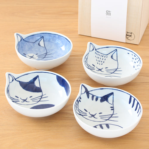 Hasami ware cat bowl 14cm set of 4 with wooden box