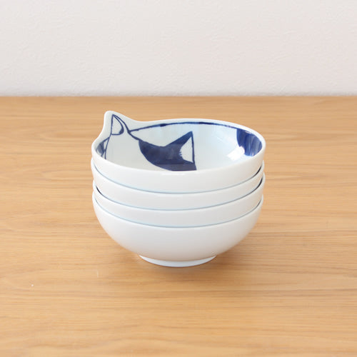 Hasami ware cat bowl 14cm set of 4 with wooden box